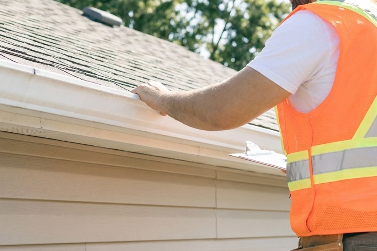 Instalacja rynny PCV krok po kroku Montaż rynny PCV hakami pod ceglanym dachem z narzędziami w tle