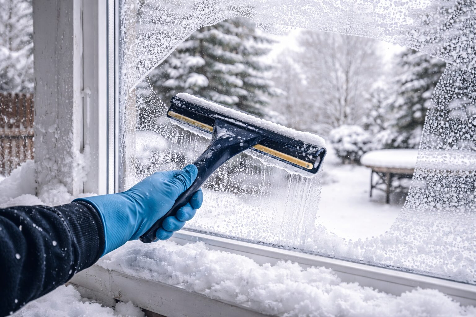 Plastikowa łopata delikatnie zdejmująca grube bryły lodu z krawędzi rynny