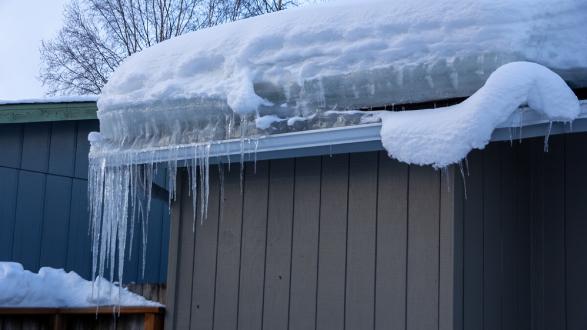 Mężczyzna na drabinie usuwa grube sople i lód z rynny dachowej domu