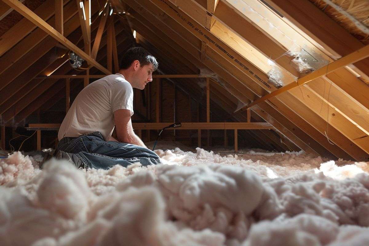 Rolka maty akustycznej z wełny mineralnej rozwijana na krokwiach dachowych