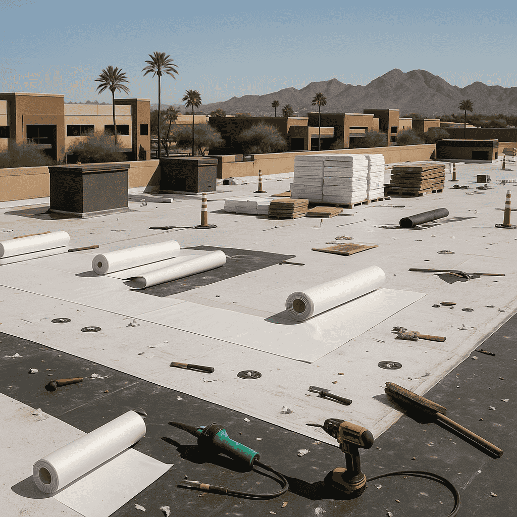 pracownik przycina membranę dachową nożycami na deskowaniu