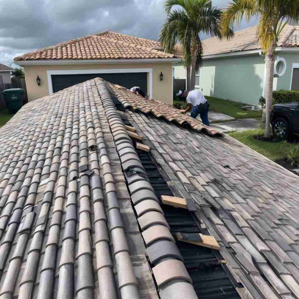 ekipa dekarska w kaskach układa dachówkę na dachu domu jednorodzinnego