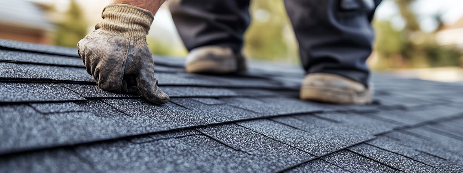 dekarz w uprzęży bezpieczeństwa pracuje na stromym dachu budynku